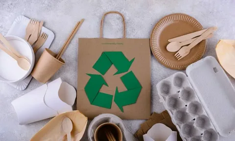 Brown paper bag with recycle symbol and compostable food packaging items