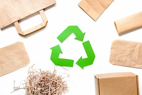 Recyclable kraft paper bags, boxes, and shredded paper arranged with recycle sign