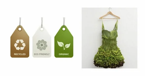Set of sustainable fashion tags and creative dress made from leafy greens