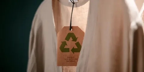 Brown tag with green recycle logo reading made by 100% recycled materials on clothing