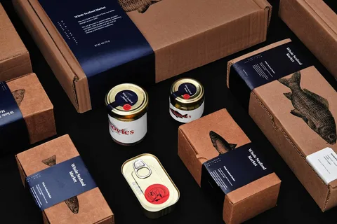 Modern seafood packaging in kraft boxes and jars with fish graphics.