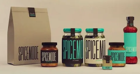 Modern spice packaging design with black and turquoise labels.