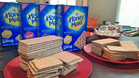 Multiple stacks of Honey Maid graham crackers arranged on red plates with boxes in the background