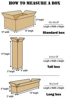 Three types of boxes—standard, tall, and long—each with specific dimensions labeled for measurement reference