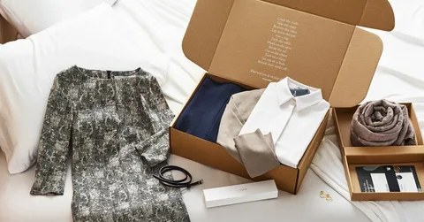 Open subscription box containing full outfit, accessories, and personalized message for customers