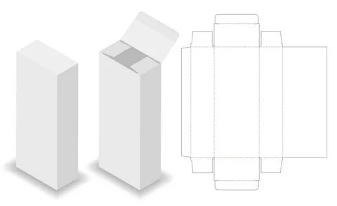 Dieline layout and 3D render of a tall rectangular folding carton box