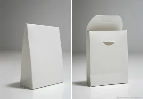 Tapered box with curved sides and front lock tab shown in open and closed views
