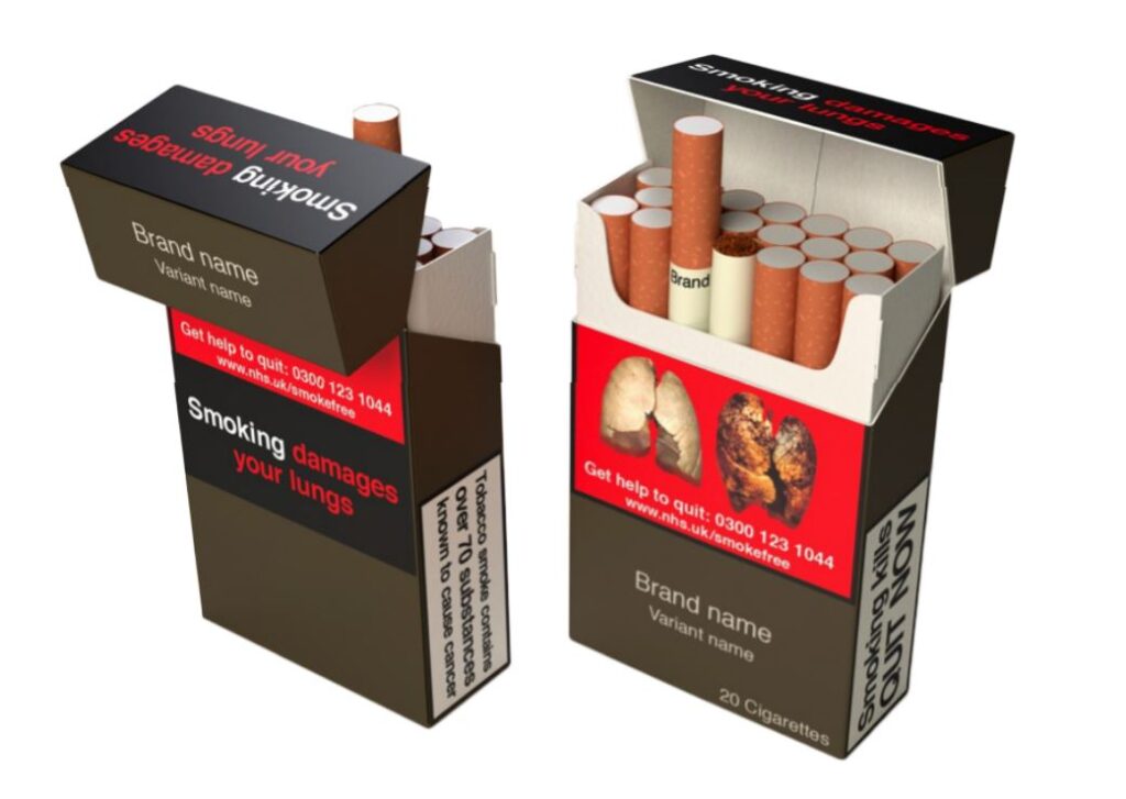 Custom tobacco boxes with flip-top design and printed health warning labels for cigarette packaging compliance