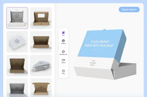 Pizza box mockup displayed inside the Pacdora design tool with export options
