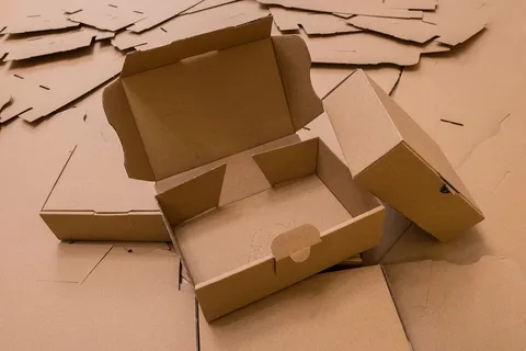 Blank corrugated boxes partially assembled and scattered on a kraft paper surface