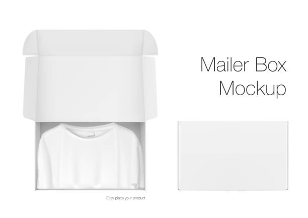 Minimalist mailer box mockup with folded white T shirt inside for branding preview