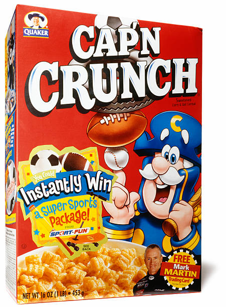 Branded cereal box packaging with colorful graphics and mascot.