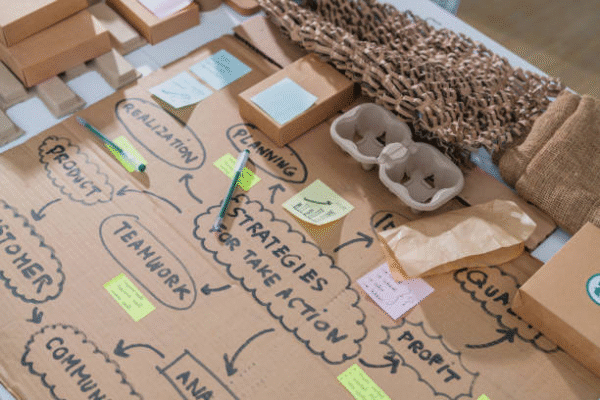 Cardboard material with handwritten packaging strategy and planning diagram