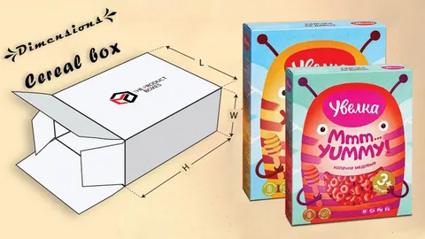 Cereal box dimensions and design example with printed cardboard packaging.