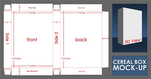 Cereal box template mockup with front, back, and side panel layout.