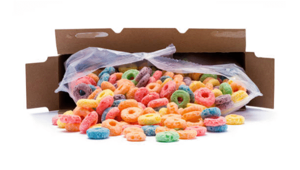 Inner plastic bag packaging keeping cereal fresh inside cardboard box.