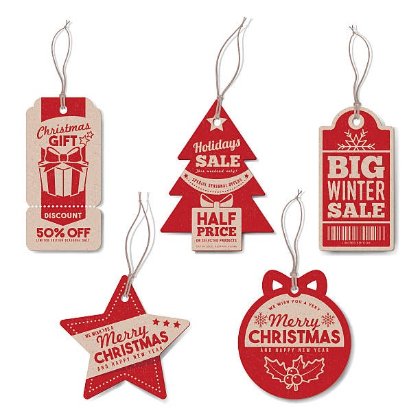 Set of decorative Christmas hang tags with holiday sale messages and creative shapes.