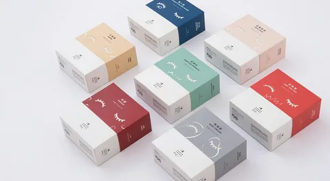 Minimalist packaging boxes in assorted colors with simple illustrations and consistent branding.