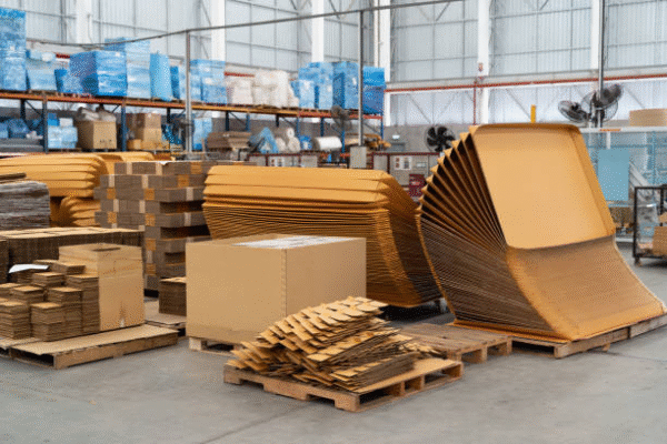 Packaging warehouse with corrugated sheets and assembled boxes