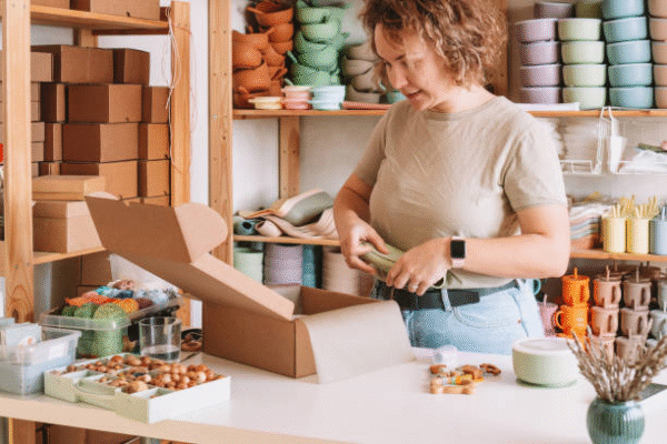Small business owner creating DIY packaging boxes with sustainable materials in a craft studio.