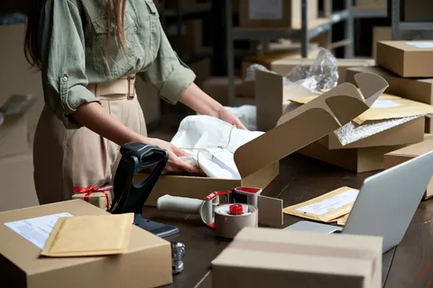 Person preparing bagged packaged goods for shipping in a fulfillment warehouse with boxes, envelopes, and packing tools.