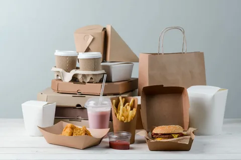 Variety of fast food bagged packaged goods including paper bags, boxes, and drink cups for takeout service.