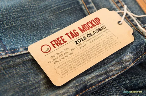 Brown kraft hang tag mockup on jeans showing realistic design placement for custom clothing tags.