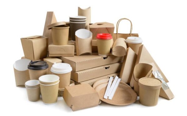 Group of eco-friendly kraft paper packaging products such as food boxes, cups, and trays.