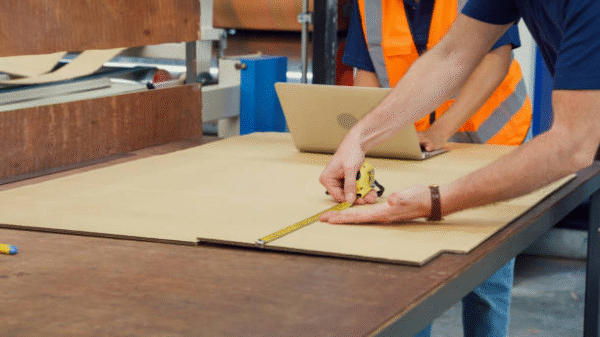 Packaging specialist measuring corrugated board with tape measure