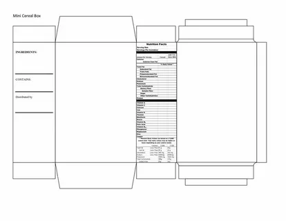 Mini cereal box design template with nutrition facts and packaging structure