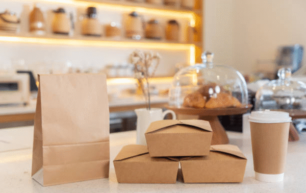 Kraft paper cartons and coffee cup used for eco-friendly takeaway food packaging.