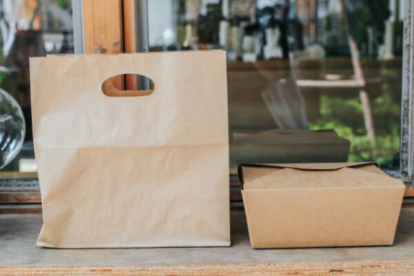 Eco-friendly paper takeout bag with matching food container beside it on a wooden surface.