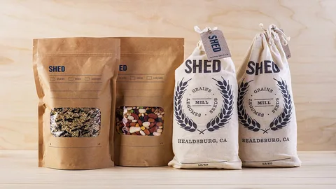 Branded bagged packaged goods in kraft and cloth pouches showing sustainable packaging design for organic products.
