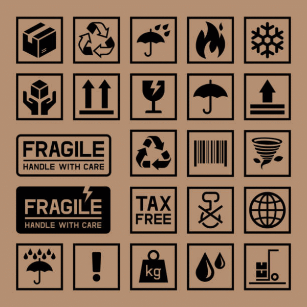Shipping box icons showing fragile, recycle, barcode, and care instructions.