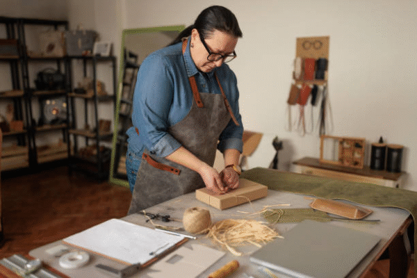 Small business packaging process showing owner hand wrapping products with kraft paper and twine.