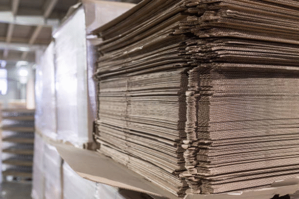 Stacks of corrugated boxes stored in packaging warehouse