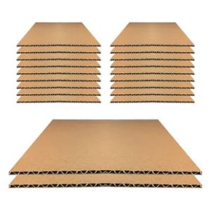 Stacks of corrugated cardboard sheets showing board thickness.