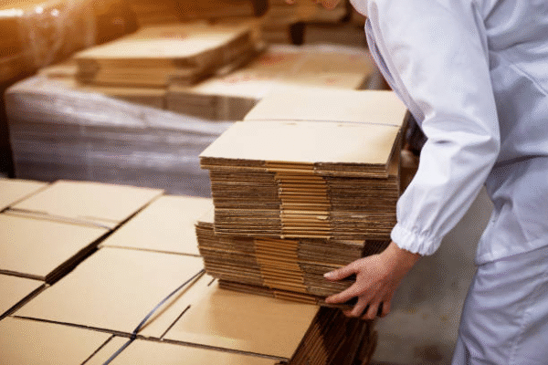 Stacks of flat corrugated cardboard boxes prepared for packing.