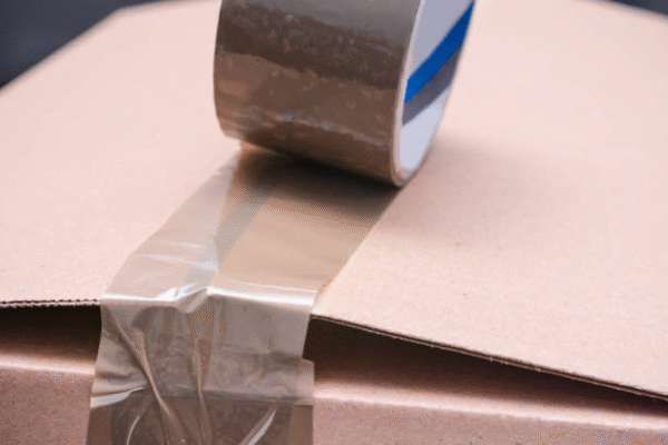 Closeup of corrugated shipping box sealed with brown tape