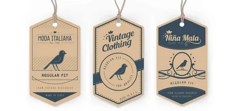 Vintage custom hang tags with branding elements for clothing lines and boutique packaging.