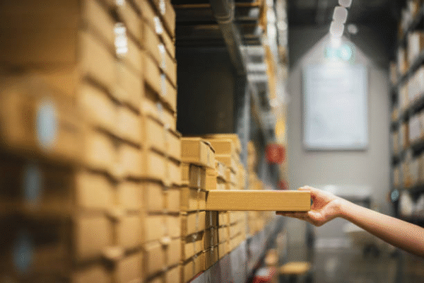 Warehouse storage with organized cardboard shipping boxes.