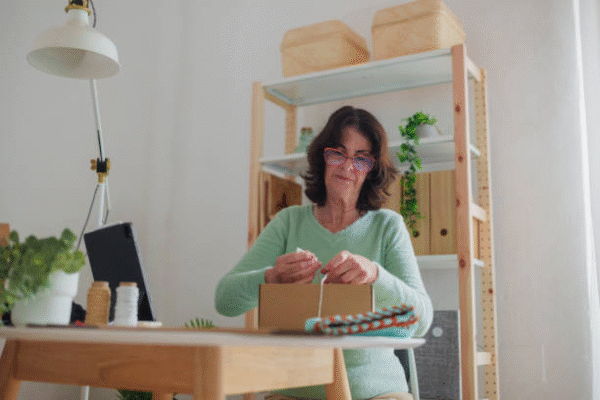 Woman creating custom DIY packaging box for small business product presentation