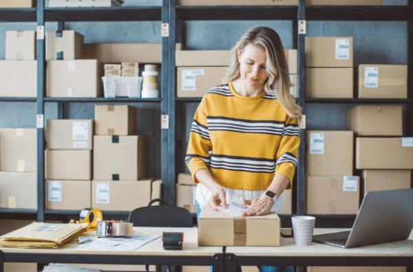 Woman packing a cardboard shipping box at warehouse table.