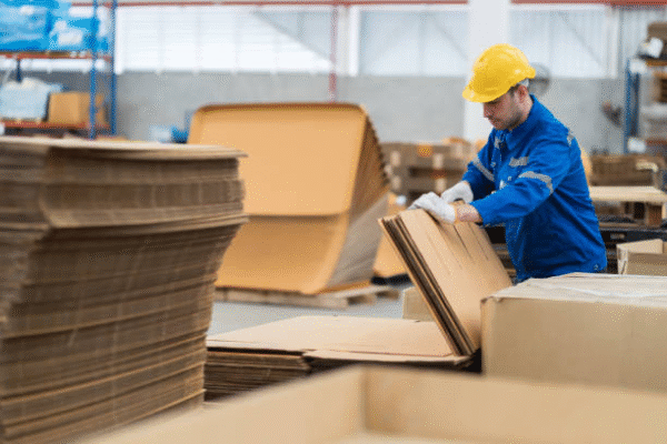 Factory worker handling corrugated box sheets in packaging plant