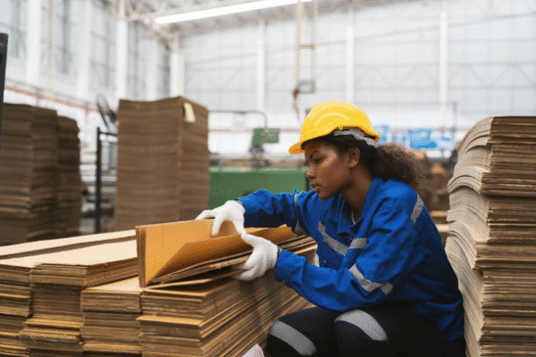 Female worker handling corrugated box sheets in warehouse