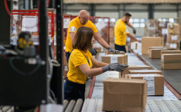 Workers handling and sorting shipping boxes in distribution center.