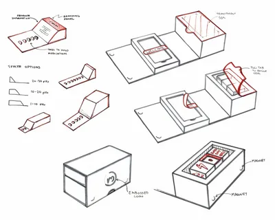 Sketches of packaging ideas showing potential bad packaging design issues