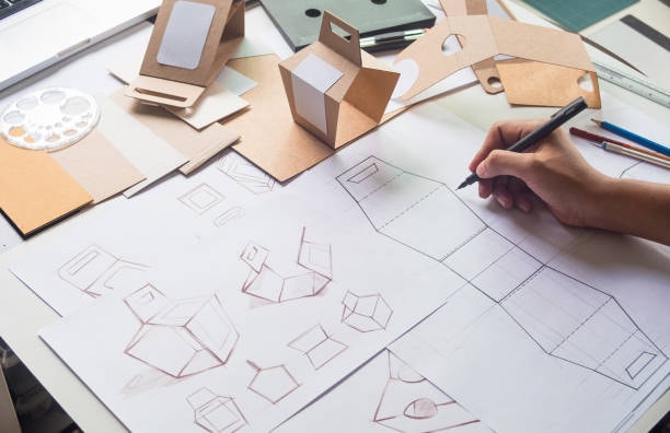 Brand packaging design process with carton prototype sketches