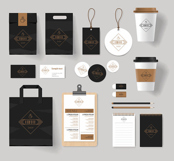 Coffee packaging design including cups, bags, and menu branding