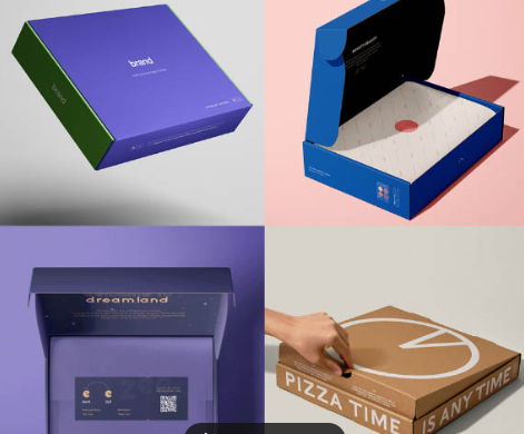 Set of custom apparel packaging boxes in multiple colors and layouts showing how packaging supports brand differentiation.